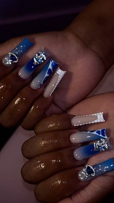 Black Silver And Blue Nails, Navy Blue And White Nails Design, Blue Black White Nails, Blue Nails For Prom, Blue Baddie Nails, Blue Nail Inspo Acrylic, Birthday Nails Blue, Silver And Blue Nails