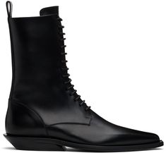 Mid-calf buffed leather boots in black. · Pointed toe · Lace-up closure · Pull-loop at heel collar · Zip closure at inner side · Grained leather lining · Stacked leather block heel with rubber injection · Treaded leather sole Supplier color: Black Pointed Lace Up Boots, Ann Demeulemeester Boots, Heeled Lace Up Boots, Lace Up Block Heel, Point Lace, Autumn 2024, Block Heel Boots, Leather Block Heels, Ann Demeulemeester