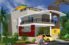 two people are standing in front of a modern style house with yellow and red accents