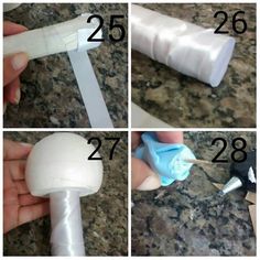 four pictures showing how to make an origami toilet paper roll with scissors and glue