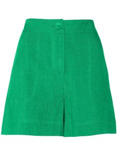 green linen high-waisted concealed fly and button fastening two side patch pockets straight leg thigh-length Green Fashion Outfits, Mini Shorts, Linen Shorts, Green Fashion, Cute Casual Outfits, Short Outfits, Womens Bottoms, Straight Leg, Fashion Branding