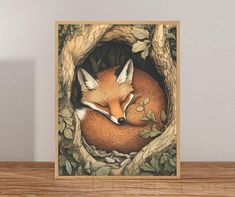 a painting of a fox curled up in a tree with leaves on it's head