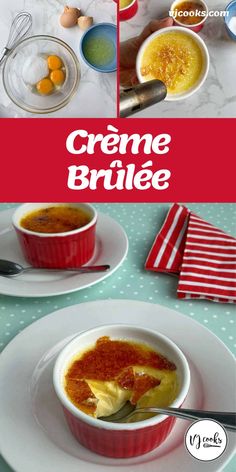 the cover of creme brulee is shown with bowls and spoons in it