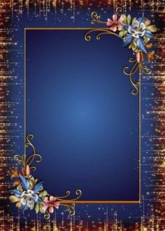 a blue and gold background with flowers in the center, on top of a golden border