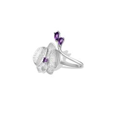 This exquisite orchid ring is truly a one-of-a-kind conversation piece. It showcases a beautifully crafted orchid design with a center stone, delicately adorned with two stones north side. This ring can be paired with a matching necklace and earrings to create a coordinated and elegant ensemble. Its versatile design allows it to be worn for both casual occasions and more formal events, adding a touch of sophistication to any outfit. Embrace the unique charm of this silver orchid ring and make a Orchid Engagement Ring, Orchid Ring, Orchid Jewelry, Orchid Design, Tropical Flower, Gemstone Studs, Flower Jewelry, Orchid Flower, Quartz Ring