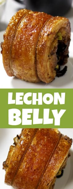 two different types of food on plates with the words lechon belly