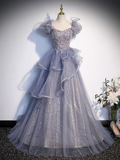 Ball Gown Quinceanera Dresses Princess Dress Performance Floor Length Short Sleeve Square Neck Tulle with Crystals Ruffles Quinceanera Dresses Princess, Coming Of Age Ceremony, Gaun Tulle, Ball Gown Quinceanera Dresses, Dresses Princess, Dress Cake, Prom Dresses Ball Gown, Coming Of Age, Long Prom Dress