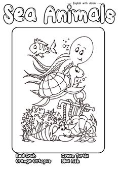 the sea animals coloring page is shown in black and white, with an ocean theme