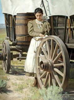 a painting of a woman sitting on top of a wagon