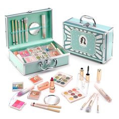 PRICES MAY VARY. All In One Make Up Kit For Girls: That Mysterious Girls makeup kits shows your poweful self-confident. Makeup kit for teens with a retro case includes 9 color eyeshadow palette*2, 4 color glitter palette*1, 4 color lipgloss cream palette*1, 2 color highlighter palette*1, 2 color bronzer palette*1, lipstick*1+ lip liner*1+ lip balm*1 + eyebrow pencil*1 + mascara*1, makeup brushes*3+Mirror*1. Non Toxic Makeup Kit For Girls: Little girl makeup sets specially designed for girls. We Girls Makeup Set, Beginner Makeup Kit, Cosmetic Gift Set, Makeup Kit For Kids, Bronzer Palette, Beginner Makeup, Blush Lipstick, Makeup Kits, Non Toxic Makeup