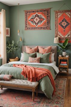 a bed sitting in a bedroom next to a window and rugs on the wall