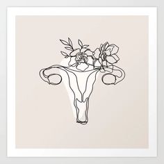 a black and white drawing of a cow's skull with flowers in it on a beige background