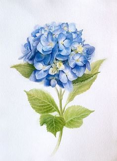 a painting of blue flowers with green leaves