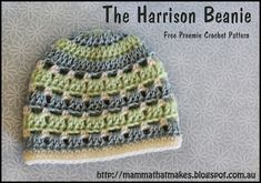 a crocheted hat is shown with the text, the harrison beanie free pattern