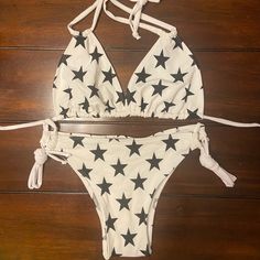 White With Black Stars Print Brazilian Cut Tie Side Bikini. Top Has Pockets For Pads. Lined. Ties Everywhere For Easy Fit. Made In Nyc Size Large (Fits 8-10) Fitted Star Print Swimwear For Beach Season, Fitted Star Print Swimwear For Vacation, Star Print Swimwear For Beach Season Vacation, Star Print Swimwear For Poolside Summer, Blue Tankini, Crop Swim Top, Swimwear Black, Black Stars, Brazilian Cut