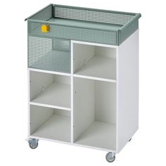 a white cabinet with two shelves and a yellow object on the top one shelf is empty