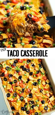 taco casserole with black olives, green peppers and tortilla chips