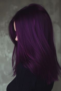 Medium-length straight hair in a vibrant midnight purple is perfect for a sleek and striking look. This style combines the simplicity of straight hair with the boldness of an intense purple hue. Plum Hair, Dyed Hair Purple