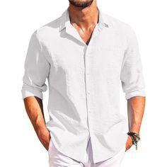 * Color: White * Fabric Type: 49%Rayon34%Polyester17%Nylon *Premium Materialthis Button-Down Shirt For Men Is Made Of Soft And Lightweight Breathable Fabric, Brings You Exceptional Comfort, And Makes You Look Handsome. *Classic Design Men's Dress Shirt Featuring Long Sleeve, Button Closure, Classic Spread Collar, Hidden Chest Pocket, And Adjustable Cuff. Casual Style Or Dress Shirt Is Up To You. *Various Outfitscoofandy Shirts Could Be Easy To Match With Linen Shorts/Pants, Casual Pants, Or Shorts To Create A Simple But Fashionable Style. These Casual Shirts Are Great Either Solo Buttoned Up Or Worn Unbuttoned Over A Form-Fitting T-Shirt/Tank. *Multiple Occasions Shirt With Pocket, Shirt Linen, Linen Summer, How To Look Handsome, Shorts Pants, Pants Casual, Linen Shorts, Family Photoshoot, White Fabric