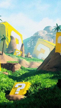 an image of a game scene with yellow and white letters on the grass, palm trees and mountains in the background