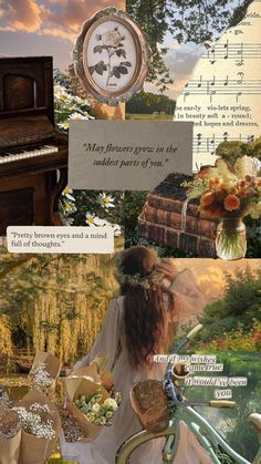 a collage of photos with flowers, trees, and an old fashioned piano in the background