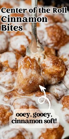 a close up of food on a plate with a fork in it and the words center of the roll bites below