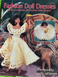 a crochet pattern for a doll dressed in a yellow dress and holding a basket