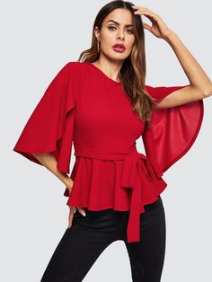 Split Sleeve Belted Peplum Blouse | SHEIN Red Flare, Half Sleeve Tops, Fitted Blouses, Elegant Blouses, Peplum Blouse, Elegant Shirt, Red Blouses, Casual Blouse, Blouse Top