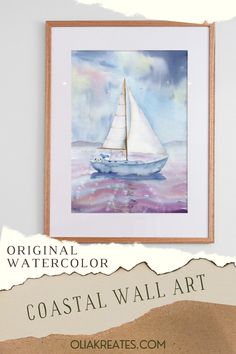 a sailboat floating in the ocean under a cloudy sky with watercolor on paper