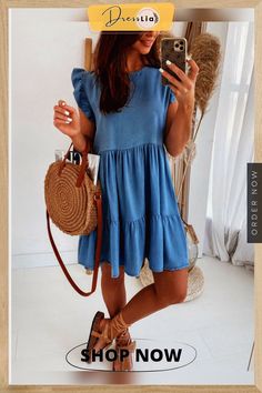 Casual Ruffle Sleeve Round Neck Mini Dress Solid Color Summer Mini Dress With Ruffle Hem, Casual Tiered Ruffle Dress With Ruffle Hem, Solid Summer Mini Dress With Ruffle Hem, Knee-length Ruffle Dress With Ruffle Hem For Brunch, Solid Color Mini Ruffle Dress With Ruffle Hem, Solid Color Ruffled Mini Dress For Brunch, Solid Mini Ruffle Dress With Ruffle Hem, Solid Tiered Mini Dress With Ruffle Hem, Solid Ruffled Mini Dress For Brunch