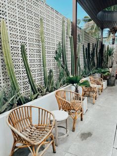 there are many chairs and plants on the side of this building that is decorated with white wicker