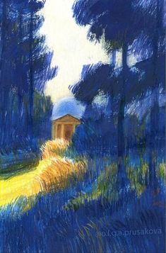 a painting of a house in the middle of a forest with blue grass and trees