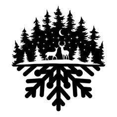 a snowflake with trees and deer on it