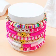 Set of three randomly paired bracelets. Super fun and cute colors and styles. Stretch fitting one size, for women and girls. Bracelets Preppy, Clay Bracelets, Preppy Bracelets, Embellished Fashion, Face Jewellery, Inspirational Jewelry, Clay Bead, Pink Collar, Bohemian Bracelets