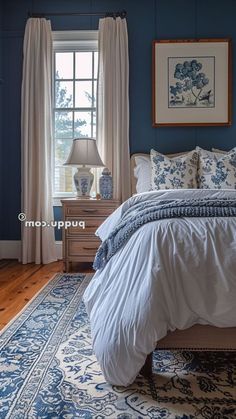 a bedroom with blue walls and white bedding