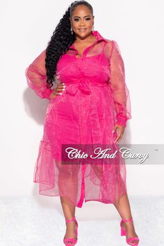 Two piece set Lining dress included Sheer dress Non-stretch Collar V neck Long sleeves Self tie waist Button closure 100% polyester Hand wash cold Model is wearing a 2X Sheer Coat, Pink Plus Size Dresses, Trendy Plus Size Dresses, Chic And Curvy, Valentine's Day Outfit, Under Dress, Sheer Dress, Two Piece Set, Fancy Dresses