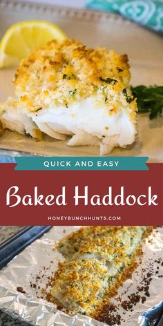 baked haddock on foil with lemon wedges and parmesan cheese, served in a baking pan