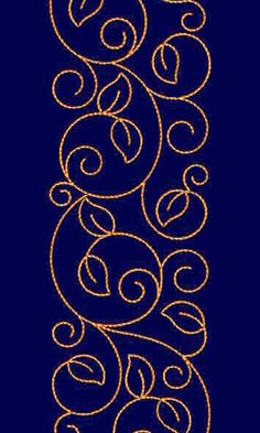 an embroidered design with gold thread on a dark blue background, in the shape of swirls