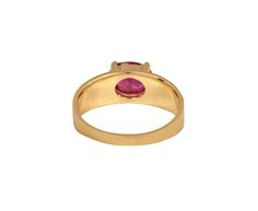 With its bold, vibrant color and easy-to-wear design, this Elizabeth Street ring adds a captivating design to any collection. The bright red oval ruby is horizontally set at the center of the matte 14K yellow gold band. It is set in a 14K gold bezel which is secured by four eagle claw prongs. ruby : 8mm x 6mm : ~1.7ct14K yellow gold band : 2mm to 6mmsize available : 6.5please contact us for sizing options Oval Cabochon Ruby Ring In Yellow Gold, Elegant Ruby Ring With Bezel Setting, Oval Cabochon, Fine Jewelry Yellow Gold Ruby Ring Oval Cabochon, Gold Ruby Ring With Bezel Setting, Oval Cabochon, Luxury Yellow Gold Oval Cabochon Ruby Ring, Oval Ruby Ring, Eagle Claw, Elizabeth Street, Claw Prong