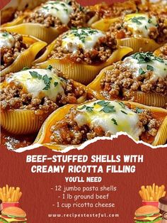 an advertisement for beef stuffed shells with creamy ricotta filling