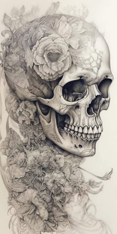 a drawing of a skull with flowers on it's head and the lower half of its face