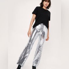 Nwt Nasty, Gal, Premium, Sequin Flare, Pants Zipper Closure Silver Sequence Size 4 Festival, Beautiful Pants!‘S Party Season High-waisted Wide Leg Pants, Disco Style Wide Leg Pants For Party Season, Fall Disco Wide Leg Pants, Fall Disco Wide-leg Pants, Casual Party Pants With Sequins, Trendy Wide Leg Sequined Bottoms, Trendy Wide Leg Sequin Pants, High Waist Disco Bottoms For Fall, Trendy High Waist Bottoms For Party Season