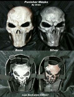 two different types of skull masks on black cloth with text overlay that says, punker masks by urrat silver