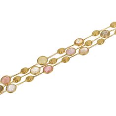 The Marco Bicego Siviglia Gemstone Yellow Gold Bracelet is an embodiment of luxurious elegance and artisanal craftsmanship. This exquisite piece features three rows of alternating vibrant gemstones and hand-engraved pebbles, meticulously crafted in 18k yellow gold. Each pebble, with its unique hand-engraved texture, showcases the traditional Italian bulino technique, giving the bracelet a satin-like sheen that catches the light beautifully. The carefully selected gemstones add a colorful brilliance to the bracelet, creating a harmonious balance between the warm glow of yellow gold and the lively hues of the stones. This arrangement provides a captivating visual rhythm and depth, making the bracelet a statement piece that's both sophisticated and versatile. Secured with a robust and elegant Luxury Yellow Gold Multi-stone Bracelet, Luxury Multi-stone Gold Bracelet, Luxury Yellow Gold Multi-stone Bracelets, Luxury Yellow Gold Bracelets With Stones, Luxury Gold Multi-stone Gemstones, Yellow Gold Bracelet With Natural Stones, Elegant Yellow Gold Bracelet With Stones, Formal Yellow Gold Bracelets With Stones, Luxury Yellow Gold Bracelets With Natural Stones