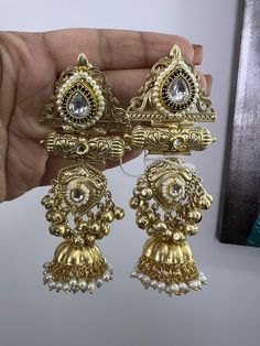 Silver & Gold Jhumka with quartz stone and pearl strings Heavy Chandbali Jhumkas For Ceremonial Occasions, Heavy Jhumkas For Rituals And Festivals, Heavy Jhumkas For Festive Rituals, Heavy White Jhumkas For Festivals, Heavy Jhumkas For Diwali Rituals, Heavy Festive Ceremonial Jhumkas, Festival Heavy White Jhumkas, Diwali Rituals Stone Work Jhumkas, Kundan Jhumkas For Festivals And Rituals