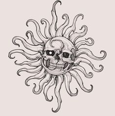 a drawing of a sun with a skull face