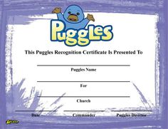 a purple certificate with a blue bird on it's back and the words puggles