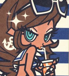 a drawing of a girl holding a drink