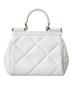 The Dolce & Gabbana White Quilted Sicily Bag is made of 100% Calf Leather and features gold metal detailing. It can be carried as a satchel or worn over the shoulder with the detachable strap. The bag has a magnetic closure and a black inner lining. Inside, there is one pocket with zipper closure and logo details. The bag is made in Italy and measures 20cm x 17cm x 10cm, with a strap length of 105cm x 1cm. Model: SICILY Shoulder bag Material: 100% Calf Leather Color: White with gold metal detail Luxury White Leather Evening Bag, Luxury White Evening Bag, White Luxury Flap Bag With Double Handle, Luxury White Bags With Handle Drop, Luxury White Pouch Satchel, Sicily Bag, Metal Engraving, White Quilt, Backpack Tote Bag