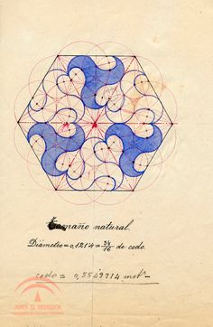 an old paper with blue and red designs on it